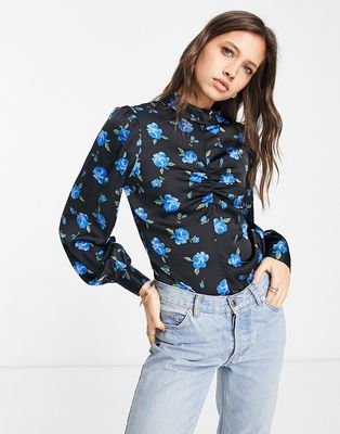 Vila satin top with ruched front in blue floral print