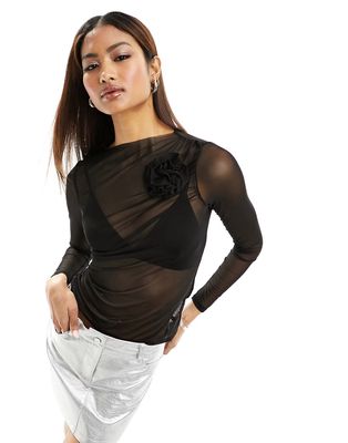 Vila sheer ruched detail top with flower detail in black