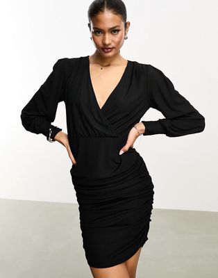 Vila stretch wrap bodycon mini dress in black