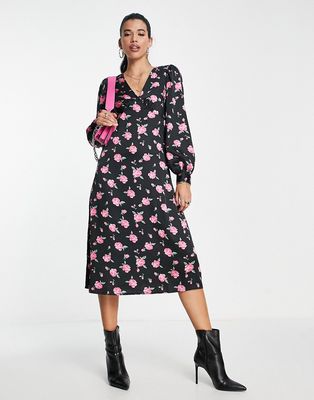 Vila v-neck midi dress in bright pink floral print-Multi