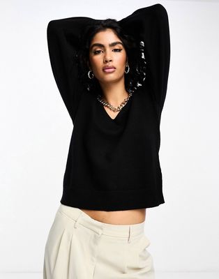 Vila V-neck sweater with puff sleeves in black