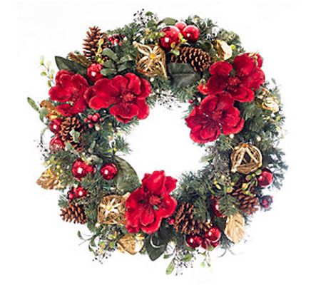 Village Lighting 30" Prelit LED Wreath - Red Ma gnolia