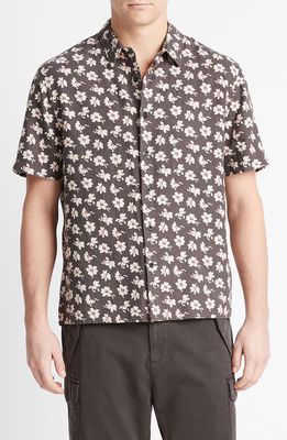 Vince Abstract Daisies Short Sleeve Linen Blend Button-Up Shirt in Soft Black/Sea Salt