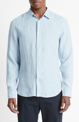 Vince Bayside Stripe Linen Button-Up Shirt in Lake Blue/Optic White