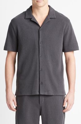 Vince Bouclé Knit Short Sleeve Camp Shirt in Soft Black