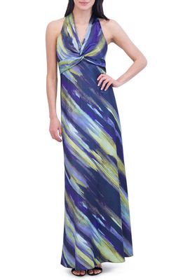 Vince Camuto Abstract Print Knot Front Satin Gown in Navy Multi