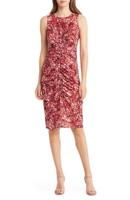 Vince Camuto Abstract Print Ruched Mesh Dress in Red Multi