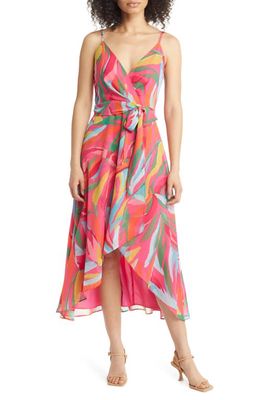 Vince Camuto Abstract Print Wrap Front Chiffon Dress in Pink