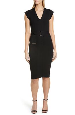 Vince Camuto Belted Body-Con Sweater Dress in Black