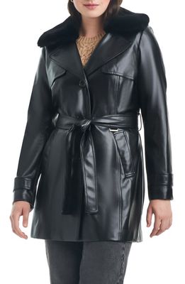 Vince Camuto Belted Faux Leather Jacket with Removable Faux Fur Collar in Black