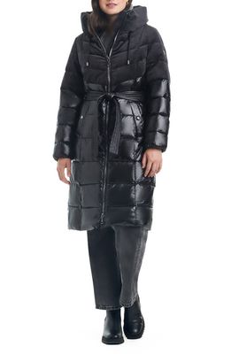 Vince Camuto Belted Mixed Media Hooded Puffer Coat in Black