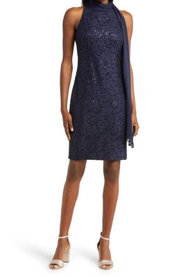 Vince Camuto Drape Neck Sequin Lace Cocktail Dress in Navy
