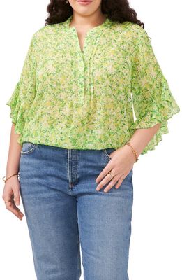 Vince Camuto Floral Flutter Sleeve Henley Top in Bright Emerald