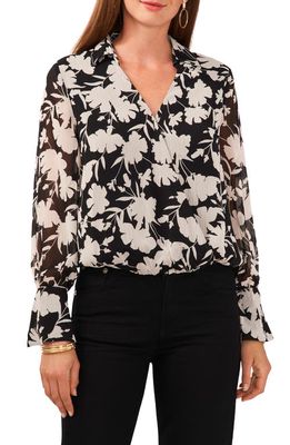 Vince Camuto Floral Long Sleeve Bubble Top in Rich Black