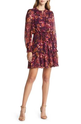 Vince Camuto Floral Long Sleeve Chiffon Fit and Flare Dress in Wine