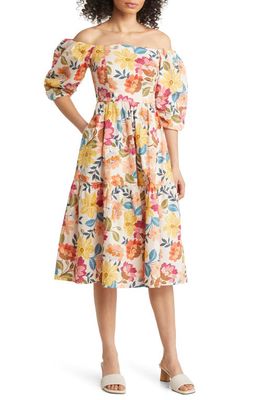 Vince Camuto Floral Off the Shoulder Stretch Cotton Midi Dress in Ivory Multi