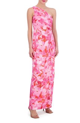 Vince Camuto Floral One-Shoulder Satin Sheath Gown in Bright Fuschia