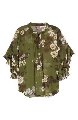Vince Camuto Floral Print Flutter Sleeve Chiffon Blouse in Light Olive