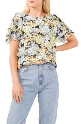 Vince Camuto Floral Print Petal Sleeve Blouse in Lily Green