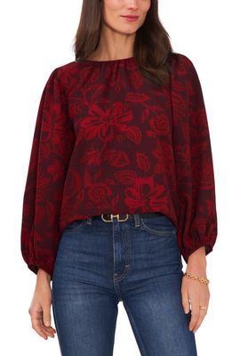 Vince Camuto Floral Print Puff Sleeve Blouse in Deep Cranberry
