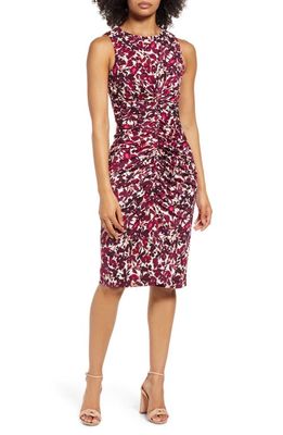 Vince Camuto Floral Print Ruched Body-Con Dress in Berry