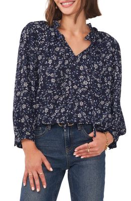 Vince Camuto Floral Print Tie Neck Blouse in Classic Navy
