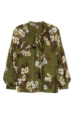 Vince Camuto Floral Print Tie Neck Blouse in Light Olive