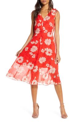 Vince Camuto Floral Print Tie Shoulder Chiffon Dress in Red