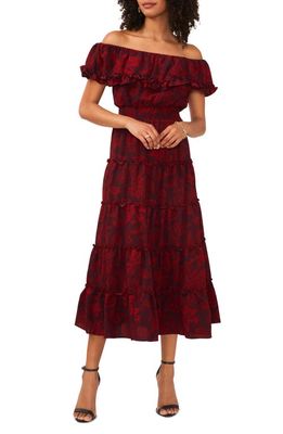 Vince Camuto Floral Ruffle Off the Shoulder Midi Dress in Deep Cranberry