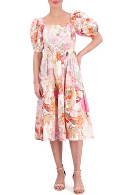 Vince Camuto Floral Square Neck Puff Sleeve Cotton Midi Dress in Pink