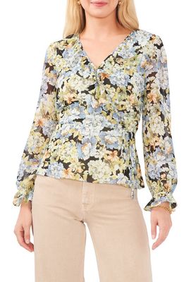 Vince Camuto Floral Wrap Front Blouse in Lily Green