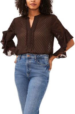 Vince Camuto Flutter Sleeve Clip Dot Chiffon Top in Chocolate Torte