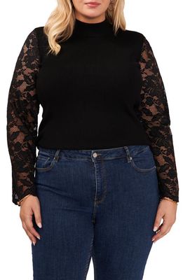 Vince Camuto Lace Sleeve Rib Knit Top in Rich Black