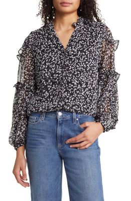 Vince Camuto Leaf Print Frill Sleeve Top in Rich Black