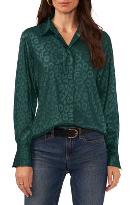 Vince Camuto Leopard Print Satin Button-Up Shirt in Dark Green