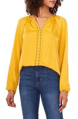 Vince Camuto Long Sleeve Rumple Stud V-Neck Blouse in Mosaic Mustard