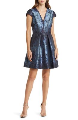 Vince Camuto Metallic Abstract Print Jacquard Fit & Flare Dress in Blue