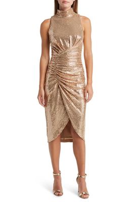 Vince Camuto Metallic Mock Neck Cocktail Dress in Taupe