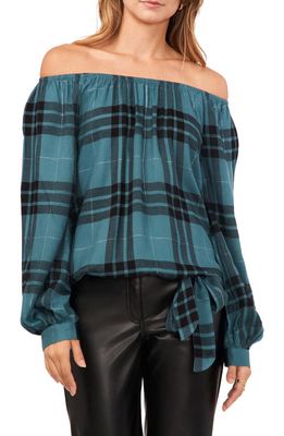 Vince Camuto Metallic Plaid Off the Shoulder Top in Deep Forest