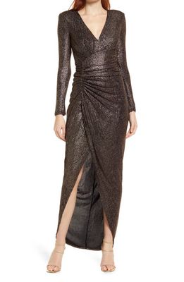 Vince Camuto Metallic Snake Print Long Sleeve V-Neck Gown in Gold