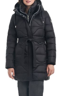 Vince Camuto Mixed Quilt Hooded Puffer Coat with Bib in Black