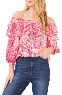 Vince Camuto Paisley Off the Shoulder Double Ruffle Top in New Ivory/Red