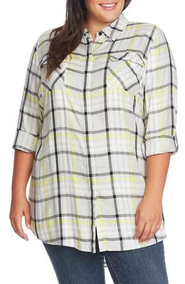 Vince Camuto Plaid Highlight Long Sleeve Blouse in 337-Lime Chrome