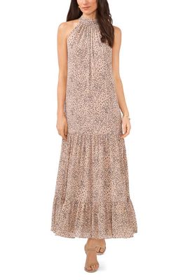 Vince Camuto Print Bow Back Tiered Maxi Dress in Light Camel Multi