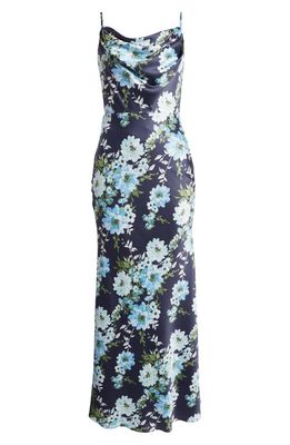 Vince Camuto Print Cowl Neck Satin Gown in Navy Multi