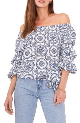 Vince Camuto Print Off the Shoulder Blouse in White Denim