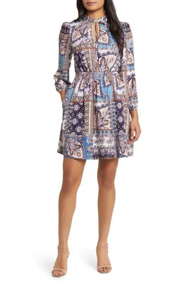Vince Camuto Print Ruffle Tie Neck Long Sleeve Dress in Blue