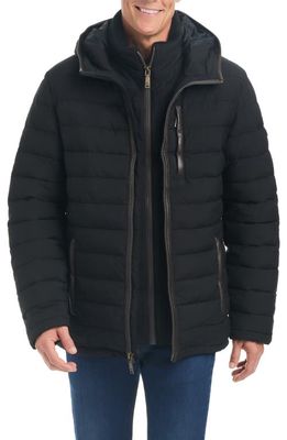 Vince Camuto Quilted Water Resistant Hooded Puffer Jacket with Faux Shearling Lined Bib in Black