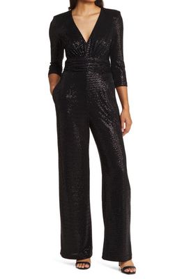 Vince Camuto Ruched Waist Sequin Three-Quarter Sleeve Jumpsuit in Black