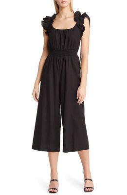 Vince Camuto Ruffle Shoulder Linen Blend Crop Jumpsuit in Black